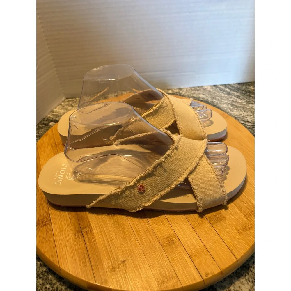 Vionic Beach Panama Tan Canvas Frayed Cross Strap Slide Sandals Womens 11